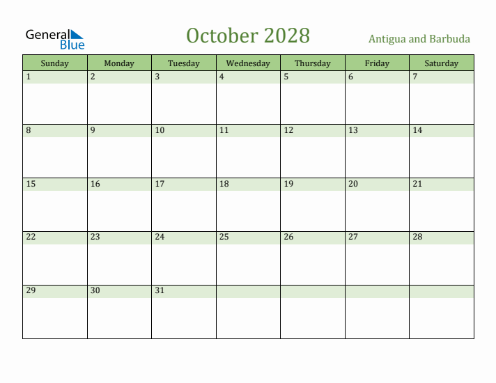 October 2028 Calendar with Antigua and Barbuda Holidays