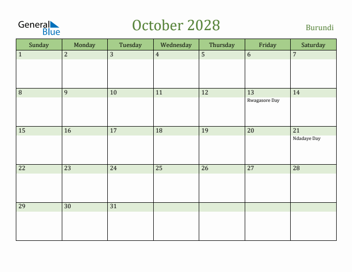 October 2028 Calendar with Burundi Holidays