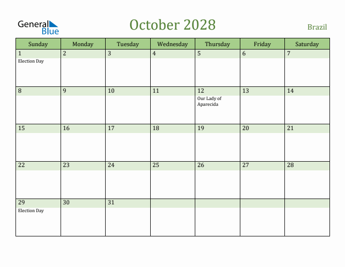 October 2028 Calendar with Brazil Holidays