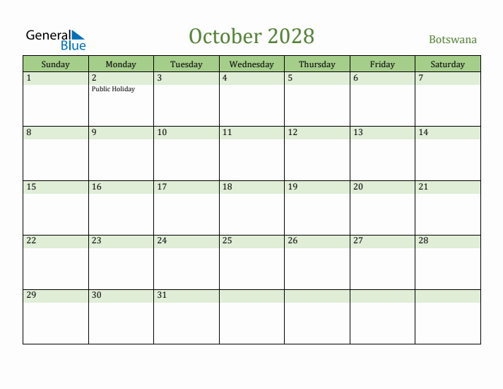 October 2028 Calendar with Botswana Holidays