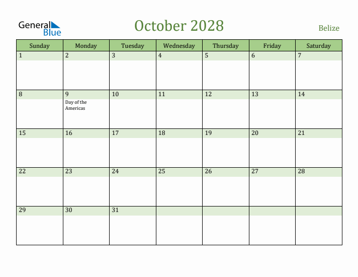 October 2028 Calendar with Belize Holidays
