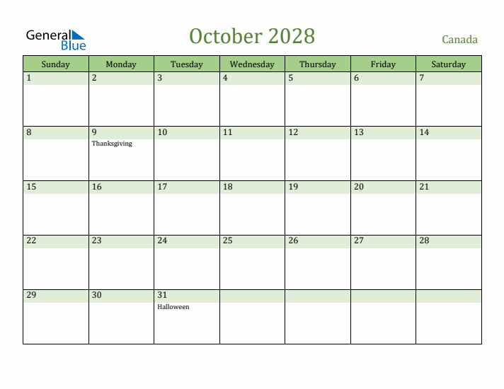 October 2028 Calendar with Canada Holidays