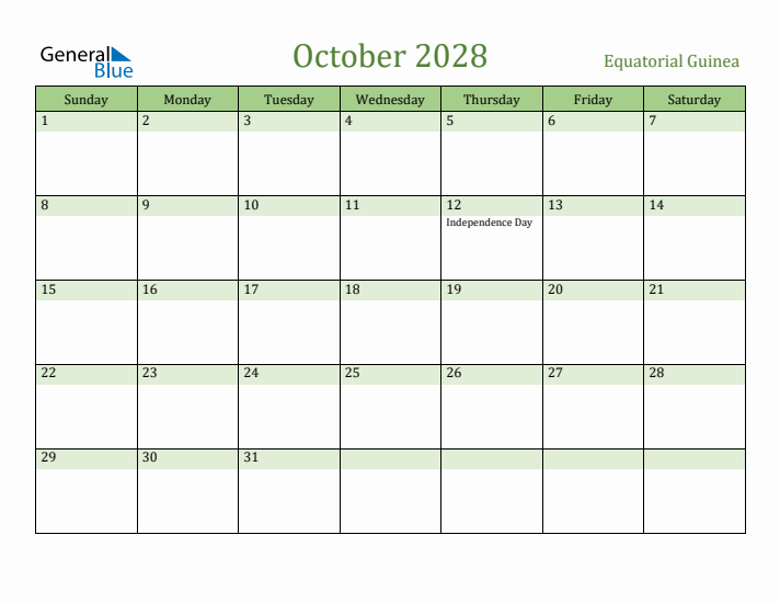 October 2028 Calendar with Equatorial Guinea Holidays
