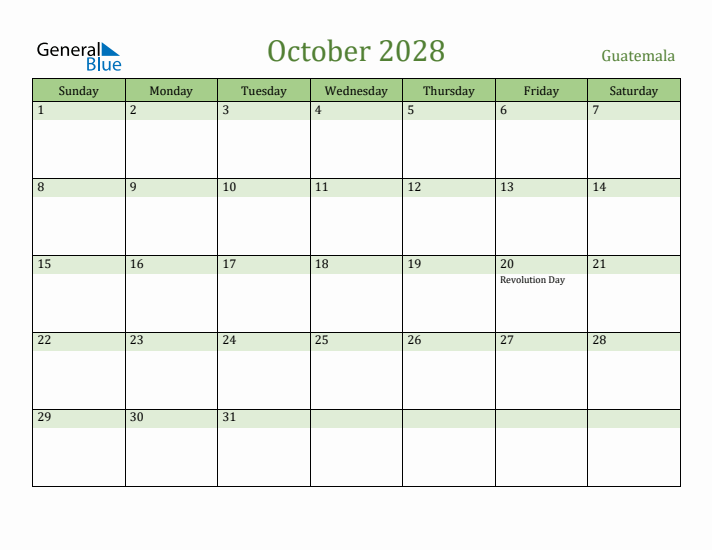 October 2028 Calendar with Guatemala Holidays