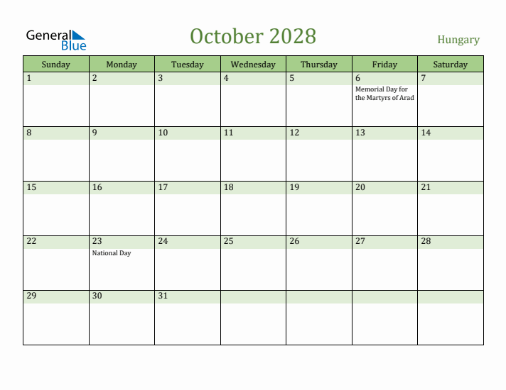 October 2028 Calendar with Hungary Holidays