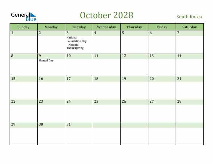 October 2028 Calendar with South Korea Holidays
