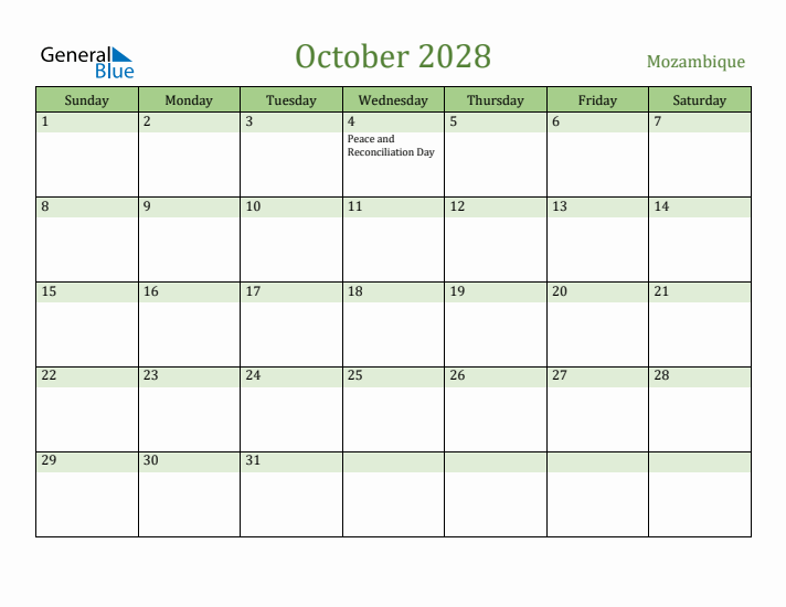 October 2028 Calendar with Mozambique Holidays