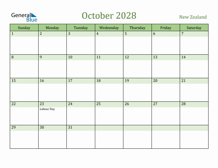 October 2028 Calendar with New Zealand Holidays
