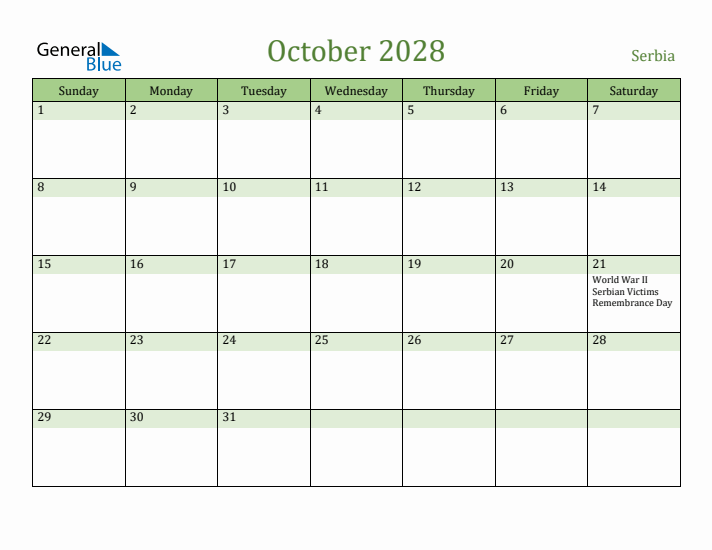 October 2028 Calendar with Serbia Holidays
