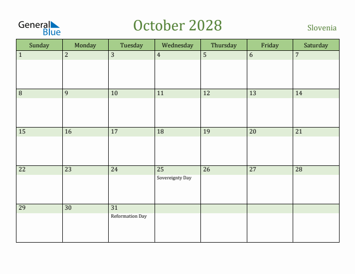October 2028 Calendar with Slovenia Holidays