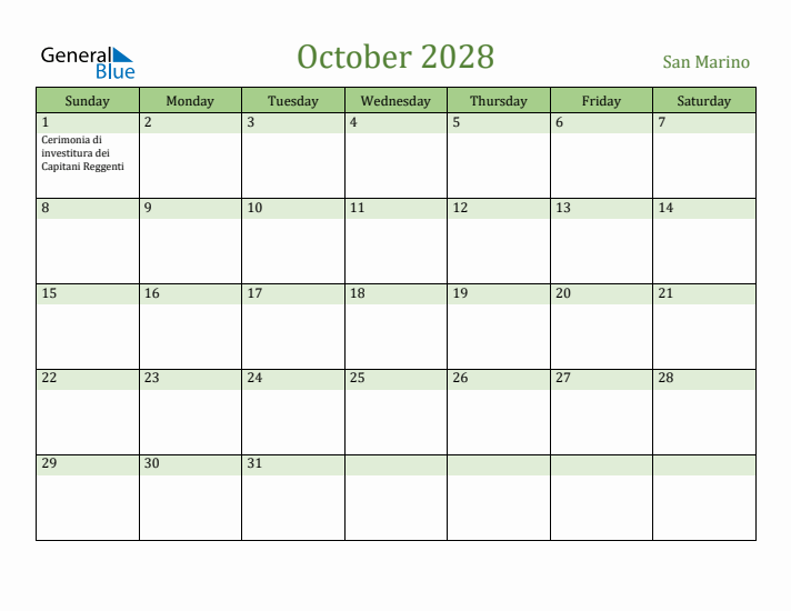 October 2028 Calendar with San Marino Holidays