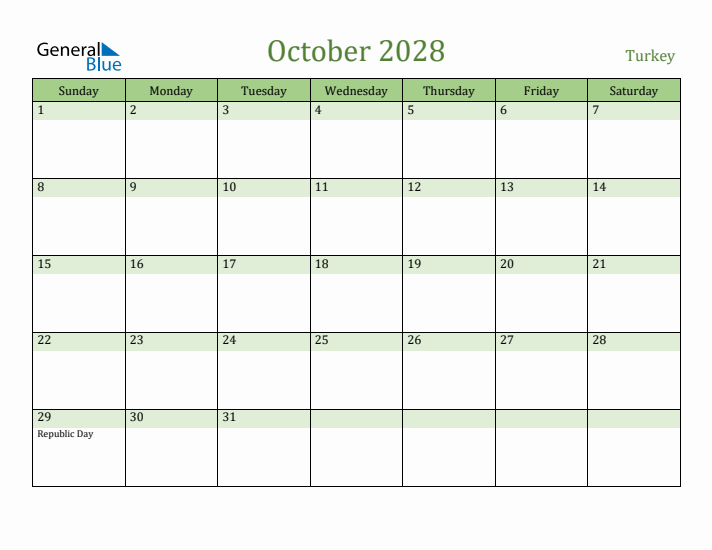 October 2028 Calendar with Turkey Holidays