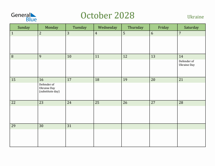 October 2028 Calendar with Ukraine Holidays