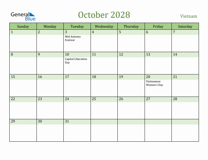 October 2028 Calendar with Vietnam Holidays