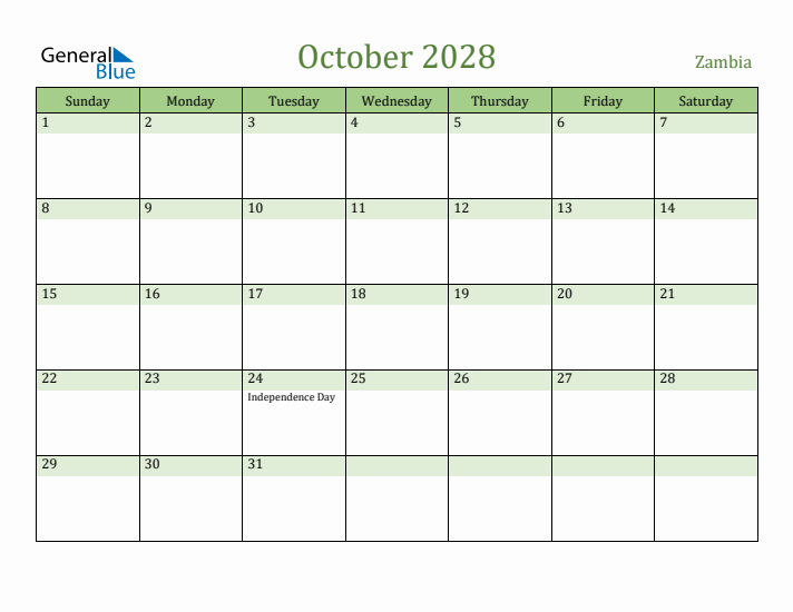 October 2028 Calendar with Zambia Holidays