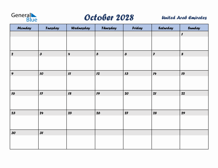 October 2028 Calendar with Holidays in United Arab Emirates