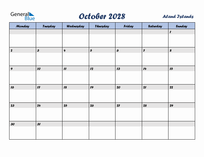 October 2028 Calendar with Holidays in Aland Islands