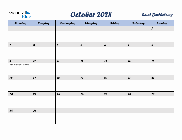 October 2028 Calendar with Holidays in Saint Barthelemy