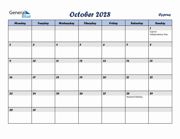 October 2028 Calendar with Holidays in Cyprus