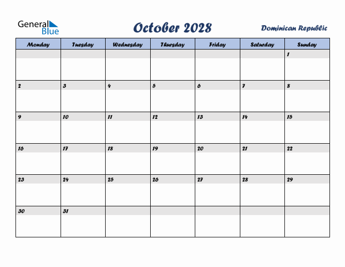 October 2028 Calendar with Holidays in Dominican Republic