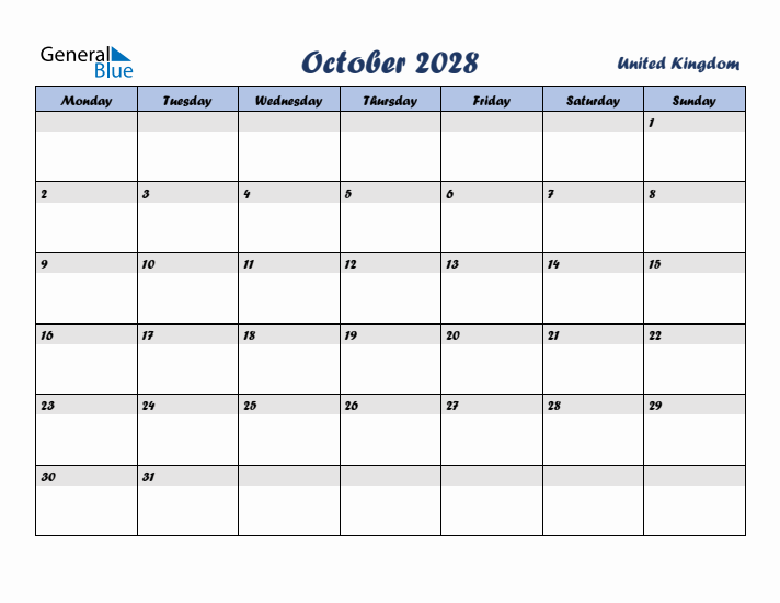 October 2028 Calendar with Holidays in United Kingdom