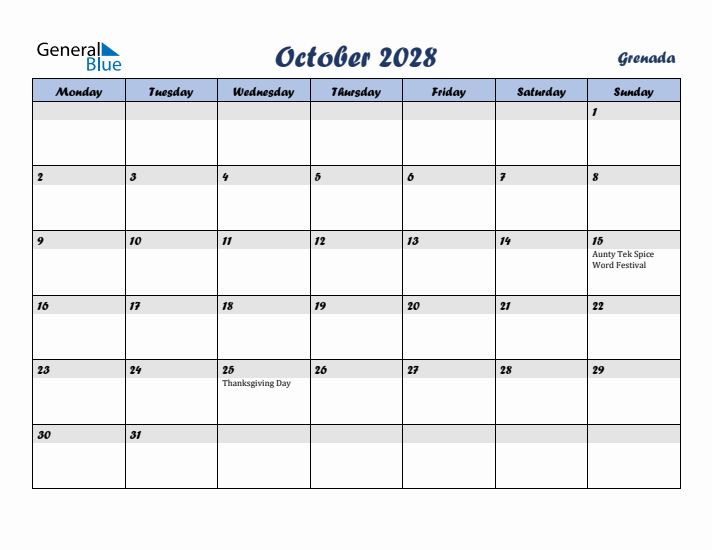 October 2028 Calendar with Holidays in Grenada