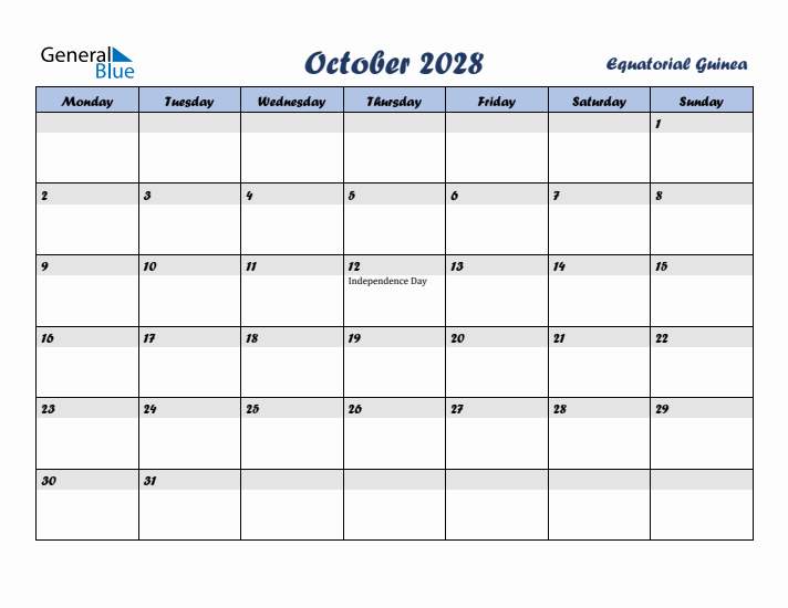 October 2028 Calendar with Holidays in Equatorial Guinea