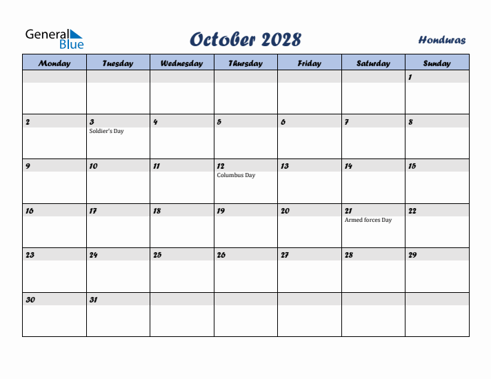 October 2028 Calendar with Holidays in Honduras