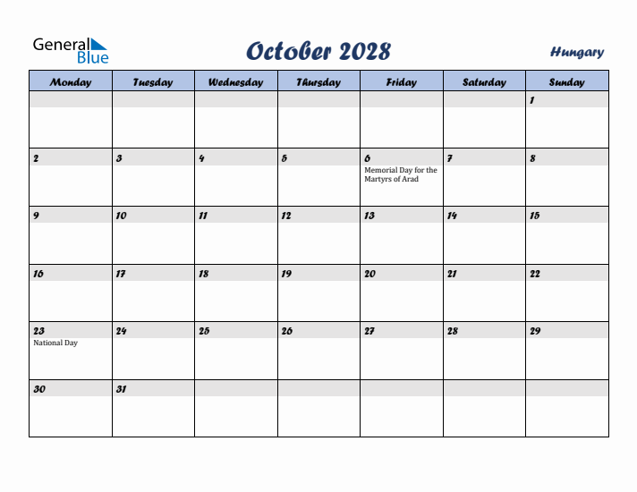 October 2028 Calendar with Holidays in Hungary