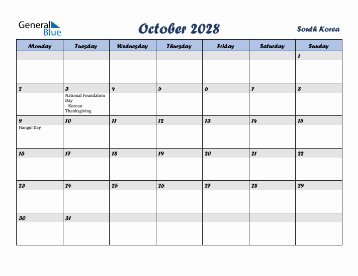 October 2028 Calendar with Holidays in South Korea