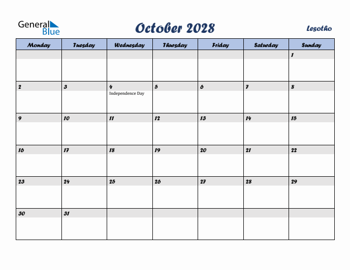 October 2028 Calendar with Holidays in Lesotho