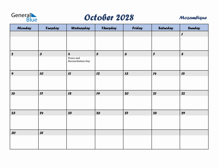 October 2028 Calendar with Holidays in Mozambique
