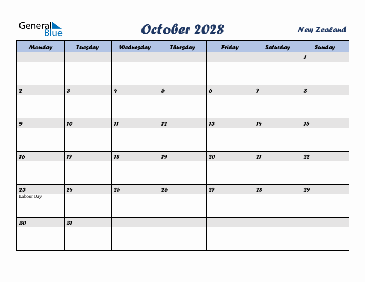 October 2028 Calendar with Holidays in New Zealand
