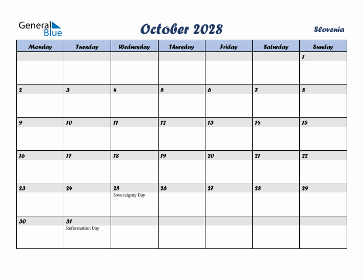 October 2028 Calendar with Holidays in Slovenia