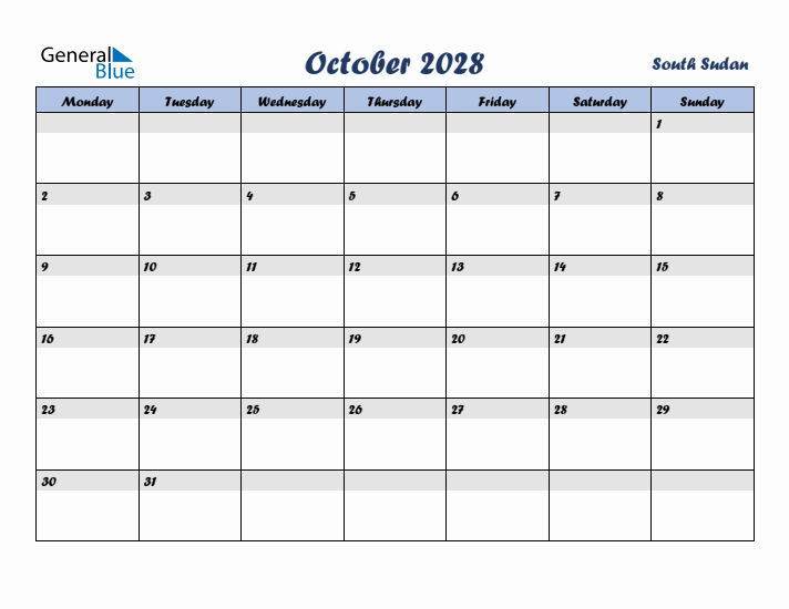 October 2028 Calendar with Holidays in South Sudan
