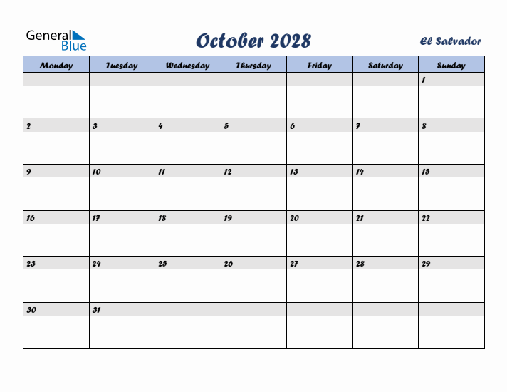 October 2028 Calendar with Holidays in El Salvador