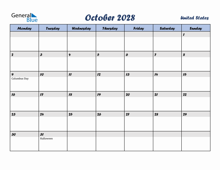 October 2028 Calendar with Holidays in United States