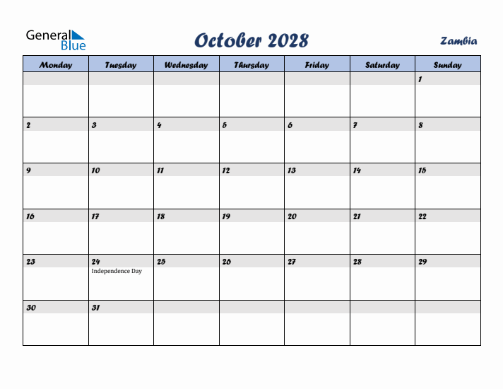 October 2028 Calendar with Holidays in Zambia