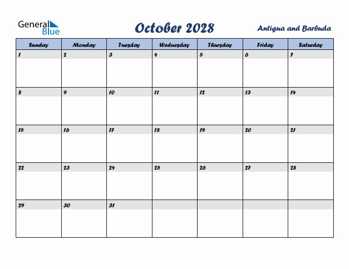 October 2028 Calendar with Holidays in Antigua and Barbuda