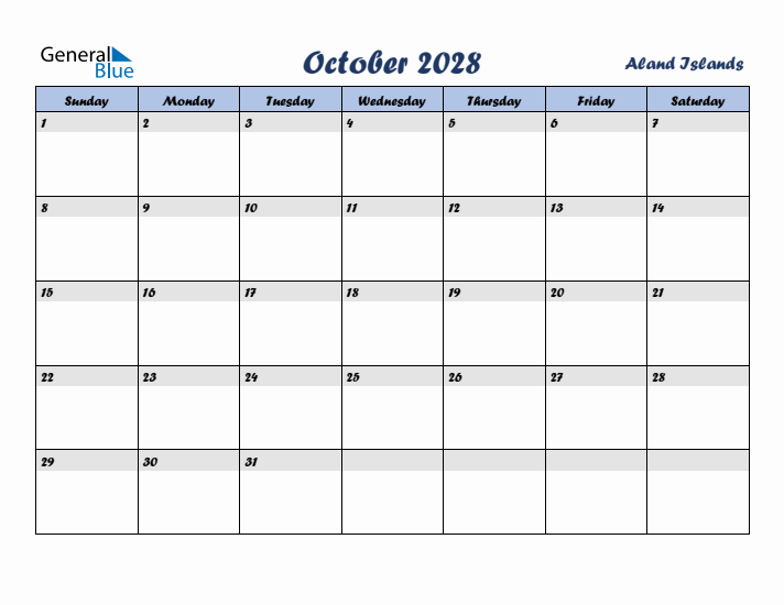 October 2028 Calendar with Holidays in Aland Islands