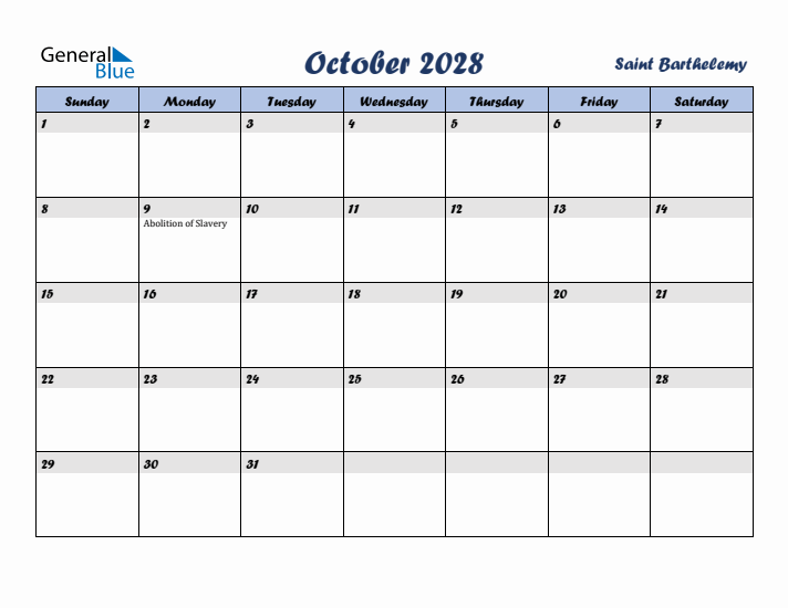 October 2028 Calendar with Holidays in Saint Barthelemy