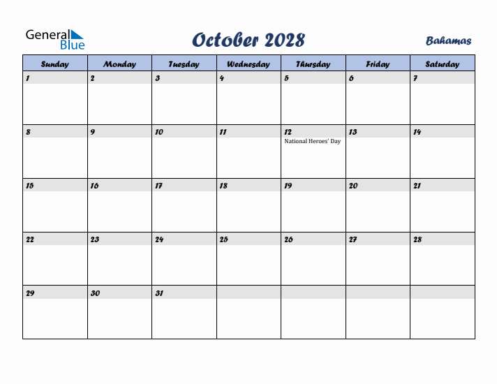 October 2028 Calendar with Holidays in Bahamas