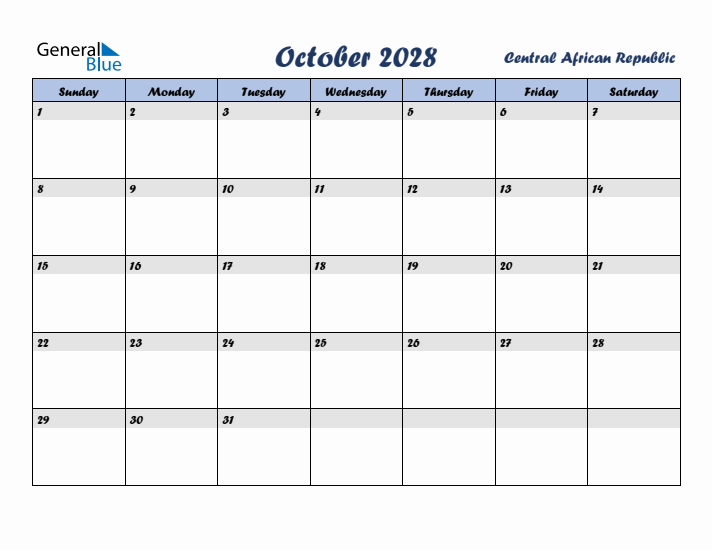 October 2028 Calendar with Holidays in Central African Republic