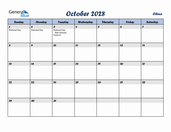 October 2028 Calendar with Holidays in China