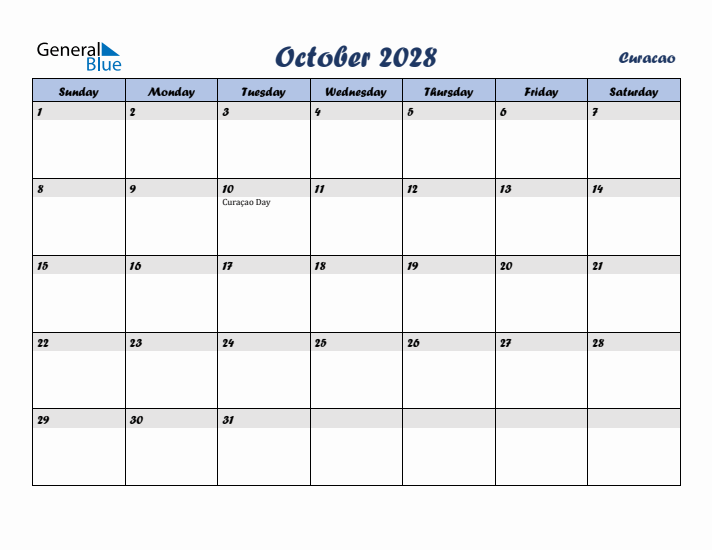 October 2028 Calendar with Holidays in Curacao