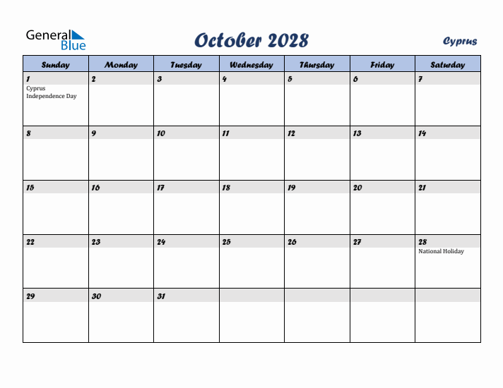 October 2028 Calendar with Holidays in Cyprus