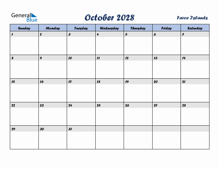 October 2028 Calendar with Holidays in Faroe Islands