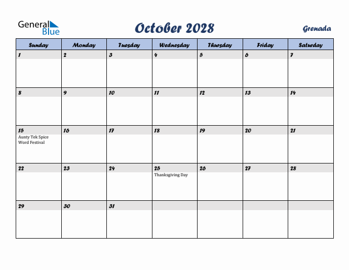 October 2028 Calendar with Holidays in Grenada