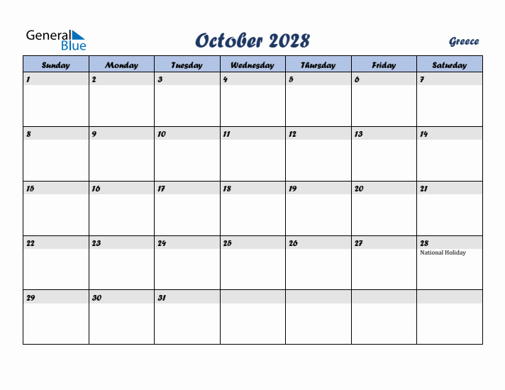 October 2028 Calendar with Holidays in Greece