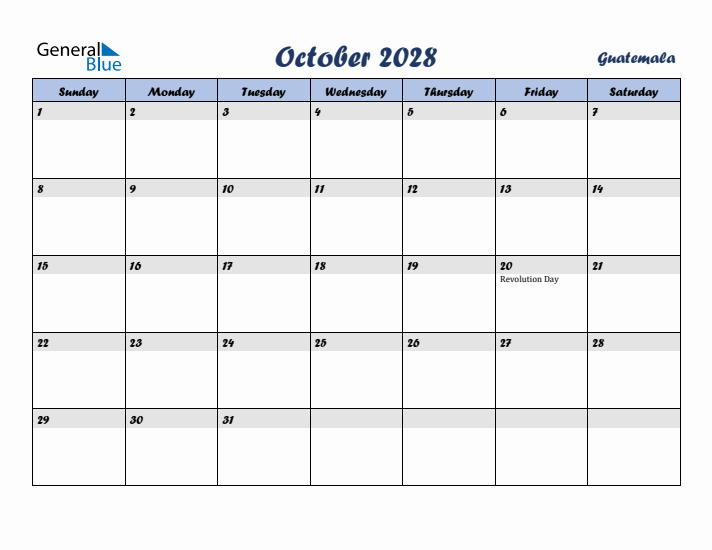 October 2028 Calendar with Holidays in Guatemala